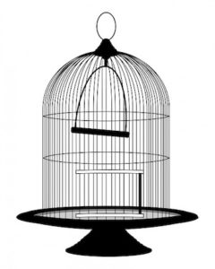 Black-and-white image of an empty bird cage.