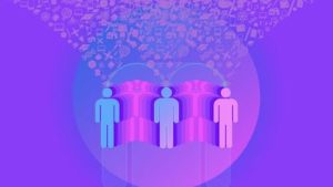 three stick people standing in a row on a purple background