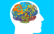 profile of a comic with head and brain on blue background