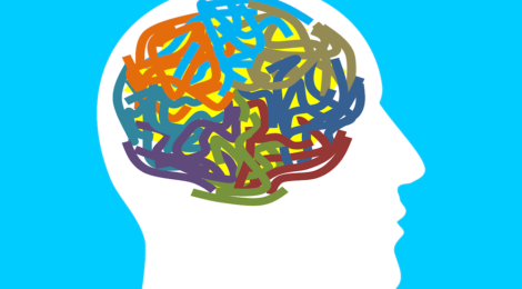 profile of a comic with head and brain on blue background