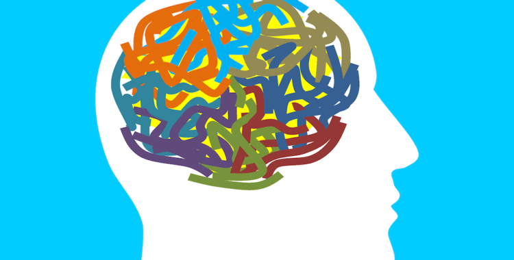profile of a comic with head and brain on blue background